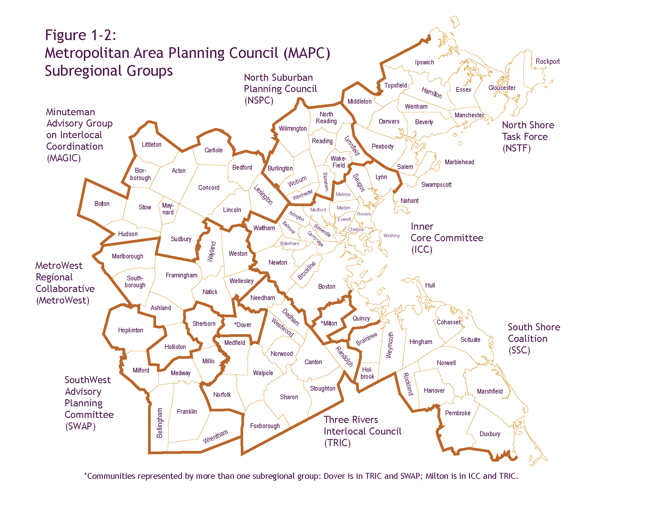 This figure shows the boundaries of the MAPC subregional groups within the Boston region. There are eight subregional groups: North Shore Task Force, North Suburban Planning Council, Minuteman Advisory Group on Interlocal Coordination, MetroWest Regional Collaborative, SouthWest Advisory Planning Committee, Three Rivers Interlocal Council, South Shore Coalition, and Inner Core Committee.